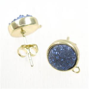 gray-blue druzy quartz earring studs, flat-round, gold plated, approx 10mm dia [GMER206]