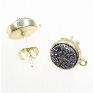 rainbow druzy quartz earring studs, flat-round, gold plated, approx 10mm dia [GMER207]