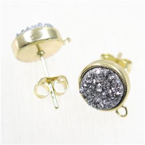 silver druzy quartz earring studs, flat-round, gold plated, approx 10mm dia [GMER208]