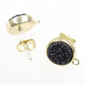 black druzy quartz earring studs, flat-round, gold plated, approx 10mm dia [GMER209]