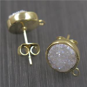 white AB-color druzy quartz earring studs, flat-round, gold plated, approx 10mm dia [GMER210]