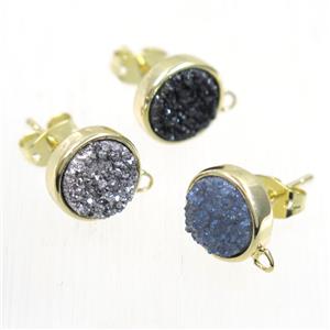 druzy quartz earring studs, mix color, flat-round, gold plated, approx 10mm dia [GMER211]