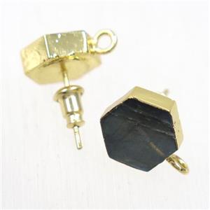 Labradorite earring studs, hexagon, gold plated, approx 10mm dia [GMER212]
