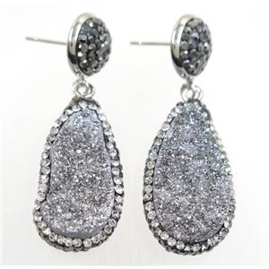 silver Druzy quartz earring paved rhinestone, teardrop, approx 15-27mm [GMER218]