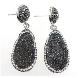 black Druzy quartz earring paved rhinestone, teardrop, approx 15-27mm [GMER219]