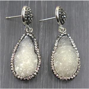 white Druzy quartz earring paved rhinestone, teardrop, approx 15-27mm [GMER220]