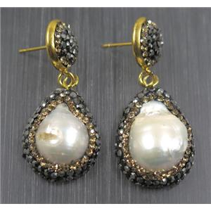 freshwater Pearl earring paved rhinestone, approx 15-22mm [GMER221]
