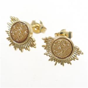 gold champagne Druzy Agate Earring Studs, gold plated, approx 7.5mm [GMER222]