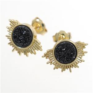 black Druzy Agate Earring Studs, gold plated, approx 7.5mm [GMER224]