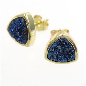 blue electroplated Druzy Agate Earring Studs, triangle, gold plated, approx 10mm [GMER225]