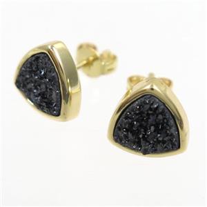 black Druzy Agate Earring Studs, triangle, gold plated, approx 10mm [GMER226]