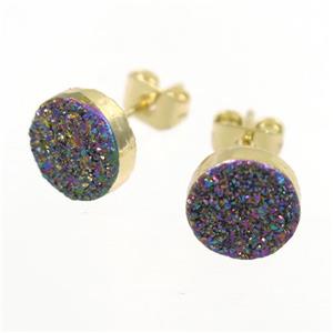 rainbow Druzy quartz Earring Studs, gold plated, approx 8mm dia [GMER229]