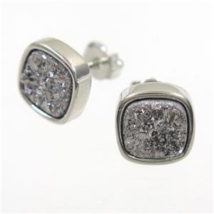 silver Druzy quartz Earring Studs, square, platinum plated, approx 10x10mm [GMER232]
