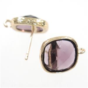 purple Chinese Crystal Glass earring studs, gold plated, approx 14x14mm [GMER233]