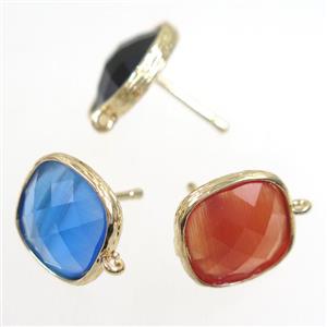 Chinese Crystal Glass earring studs with loops, mix color, gold plated, approx 14x14mm [GMER243]