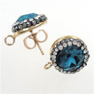 peacock green Chinese Crystal Glass earring studs paved rhinestone, gold plated, approx 14mm dia [GMER244]