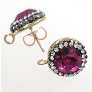 deep ruby Chinese Crystal Glass earring studs paved rhinestone, gold plated, approx 14mm dia [GMER245]