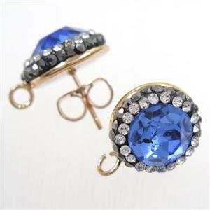 skyblue Chinese Crystal Glass earring studs paved rhinestone, gold plated, approx 14mm dia [GMER246]