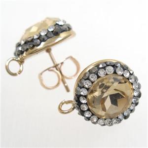 golden champagne Chinese Crystal Glass earring studs paved rhinestone, gold plated, approx 14mm dia [GMER248]
