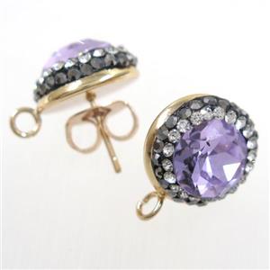 lavender Chinese Crystal Glass earring studs paved rhinestone, gold plated, approx 14mm dia [GMER249]