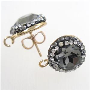 Chinese Crystal Glass earring studs paved rhinestone, gray, gold plated, approx 14mm dia [GMER250]