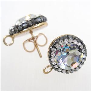 Chinese Crystal Glass earring studs paved rhinestone, clear AB-color, gold plated, approx 14mm dia [GMER251]