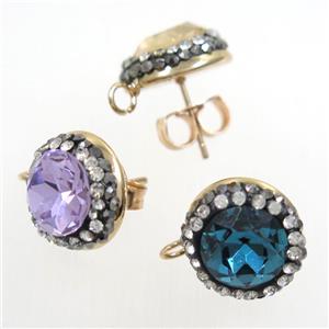 Chinese Crystal Glass earring studs paved rhinestone, mix color, gold plated, approx 14mm dia [GMER252]