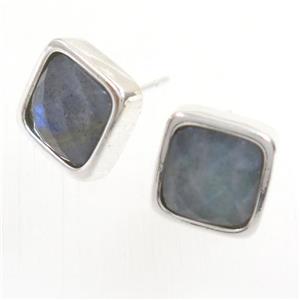 Labradorite earring studs, square, platinum plated, approx 10mm [GMER254]