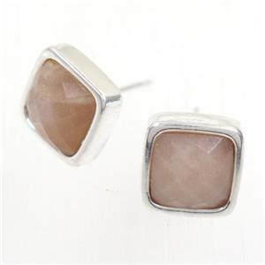 peach Moonstone earring studs, square, platinum plated, approx 10mm [GMER256]