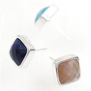mixed gemstone earring studs, square, platinum plated, approx 10mm [GMER257]