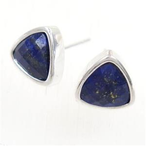 blue Lapis Lazuli earring studs, triangle, platinum plated, approx 10mm [GMER258]