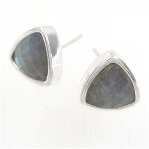 Labradorite earring studs, triangle, platinum plated, approx 10mm [GMER259]