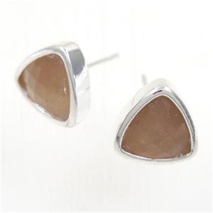 peach MoonStone earring studs, triangle, platinum plated, approx 10mm [GMER261]