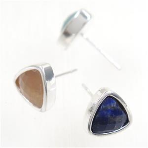 mixed gemstone earring studs, triangle, platinum plated, approx 10mm [GMER262]