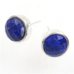 blue Lapis Lazuli earring studs, circle, platinum plated, approx 10mm [GMER263]