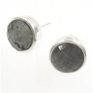 Labradorite earring studs, circle, platinum plated, approx 10mm [GMER264]