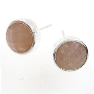 peach MoonStone earring studs, circle, platinum plated, approx 10mm [GMER266]