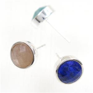 mix gemstone earring studs, circle, platinum plated, approx 10mm [GMER267]