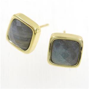 Labradorite earring studs, square, gold plated, approx 10mm [GMER269]