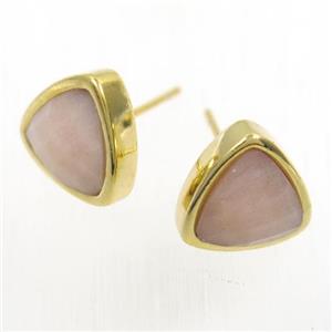 peach MoonStone earring studs, triangle, gold plated, approx 10mm [GMER276]