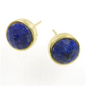blue Lapis Lazuli earring studs, circle, gold plated, approx 10mm [GMER278]