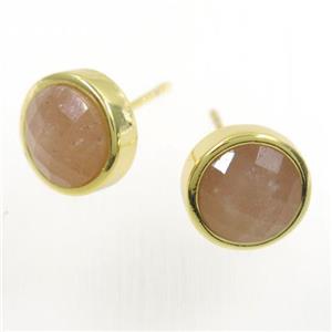 peach MoonStone earring studs, circle, gold plated, approx 10mm [GMER281]