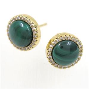green Malachite earring studs paved zircon, circle, gold plated, approx 11mm dia [GMER283]