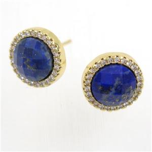 blue Lapis Lazuli earring studs paved zircon, circle, gold plated, approx 11mm dia [GMER284]