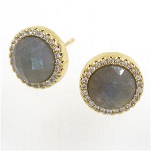 Labradorite earring studs paved zircon, circle, gold plated, approx 11mm dia [GMER285]