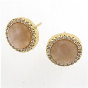 peach MoonStone earring studs paved zircon, circle, gold plated, approx 11mm dia [GMER287]