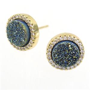 green Druzy Quartz earring studs paved zircon, circle, gold plated, approx 12mm dia [GMER289]
