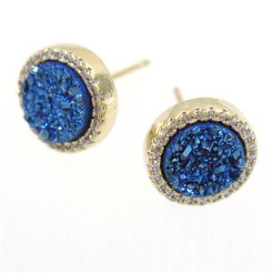 blue Druzy Quartz earring studs paved zircon, circle, gold plated, approx 12mm dia [GMER290]