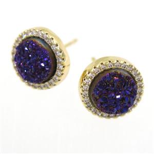 purple Druzy Quartz earring studs paved zircon, circle, gold plated, approx 12mm dia [GMER291]