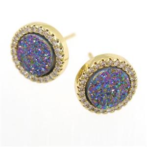 rainbow Druzy Quartz earring studs paved zircon, circle, gold plated, approx 12mm dia [GMER292]